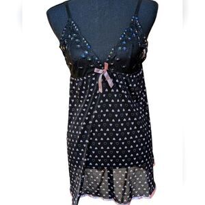 Babydoll Intimate Lingerie BLACK with Pink Hearts Sheer Mesh NWOT
